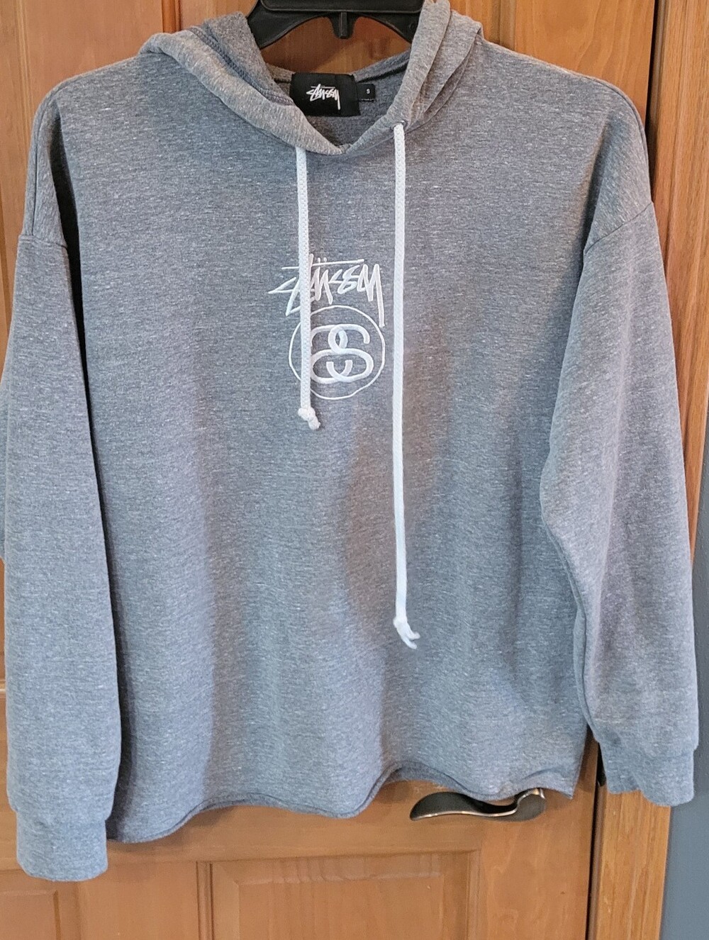 Stussy Gray Hoodie with White Logo and Drawstrings